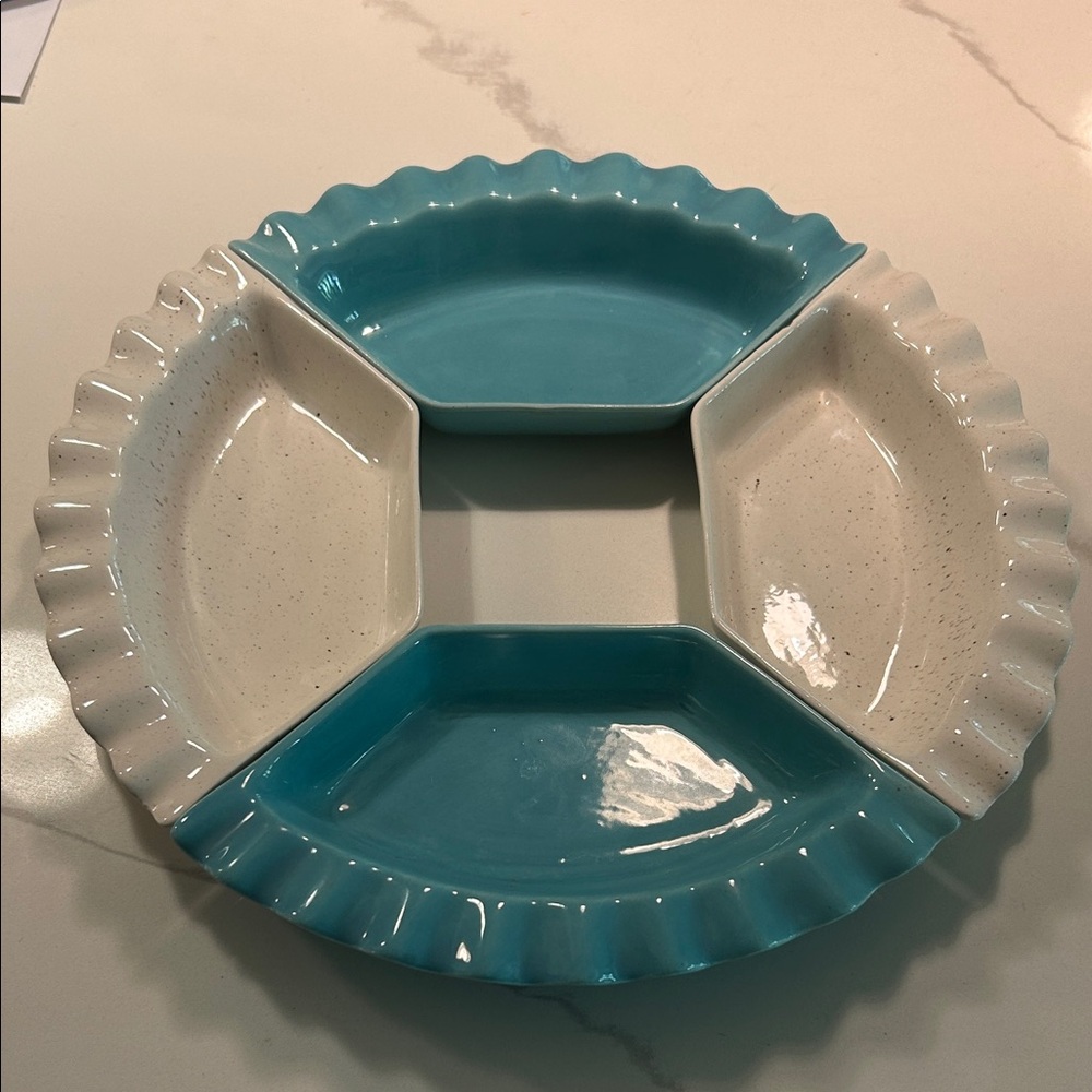 Elegant Turquoise and White Ceramic Divided Platter